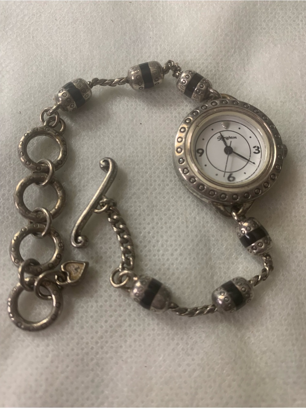 Brighton Silver-Tone Beaded Bracelet Watch with White Dial